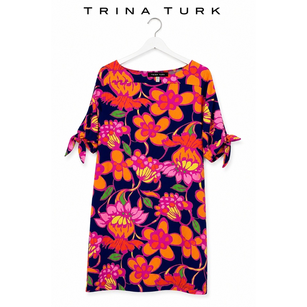 Trina Turk Floral Shift Dress Navy Pink Orange Tie Sleeve Size M